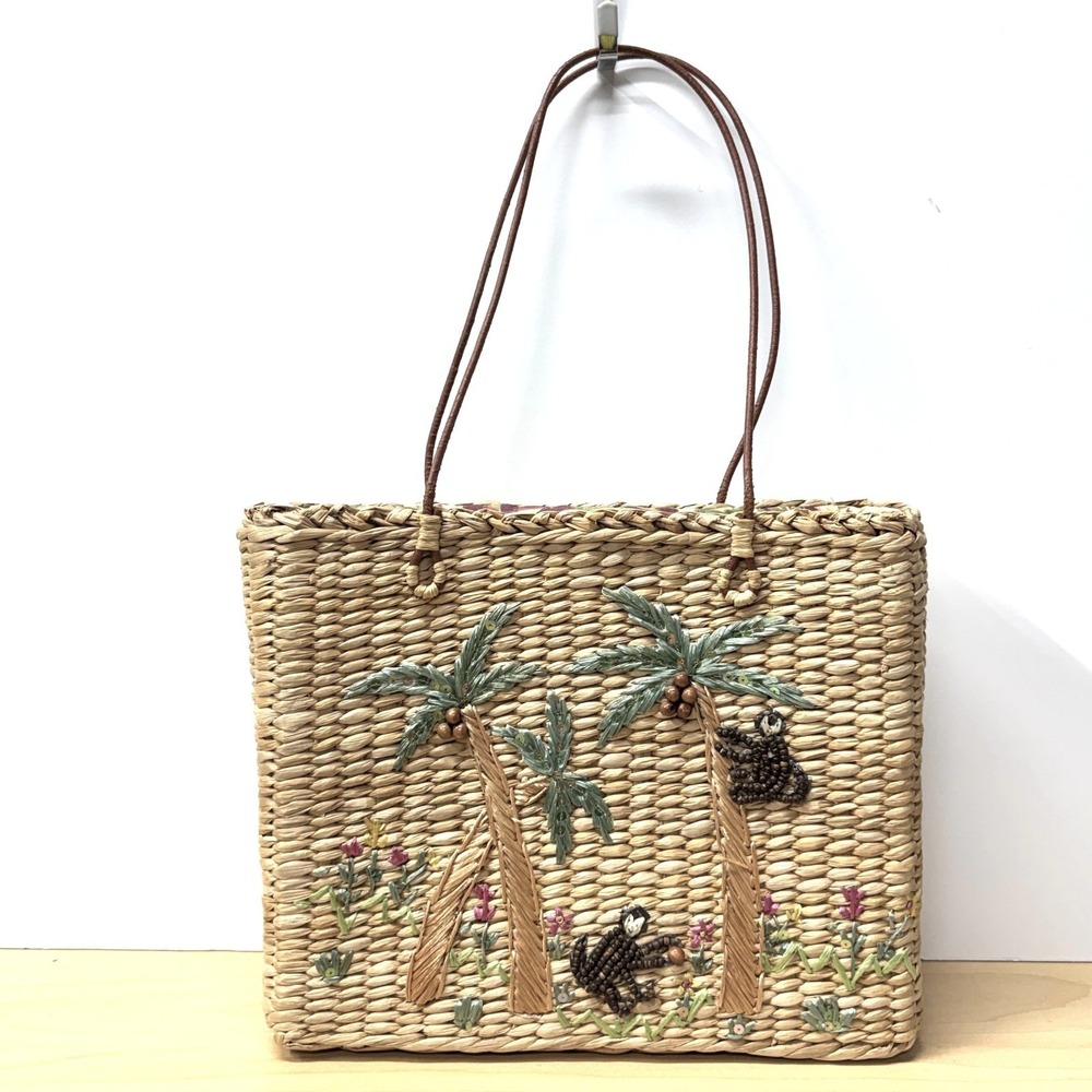 Cappelli Raffia Straw Woven Tote Bag, Tropical Monkeys Palm Trees Beads Sequins‎